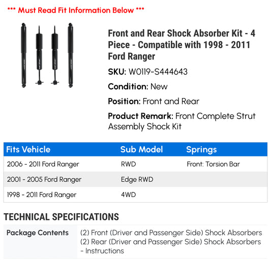 Front and Rear Shock Absorber Kit - 4 Piece - Compatible with 1998 - 2011 Ford Ranger 1999 2000 2001 2002 2003 2004 2005 2006 2007 2008 2009 2010