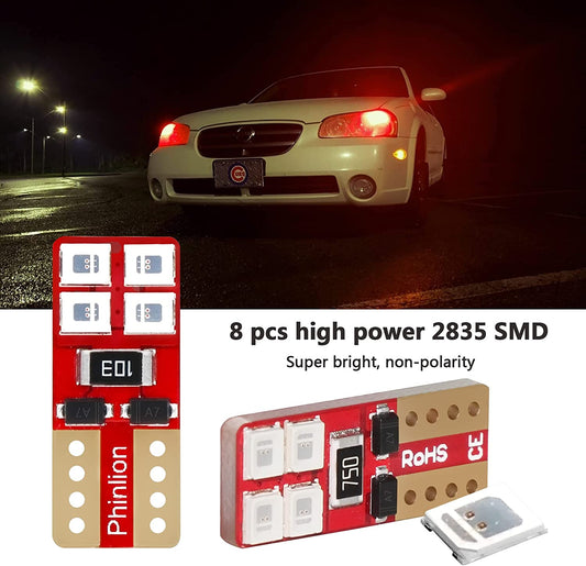 12V T10 168 194 Red LED Light Bulbs, Super Bright Miniature 8-SMD Wedge 3652 12256 12396 Replacement Bulb for Car Interior Dome Map Door Courtesy License Plate Lights, Pack of 10