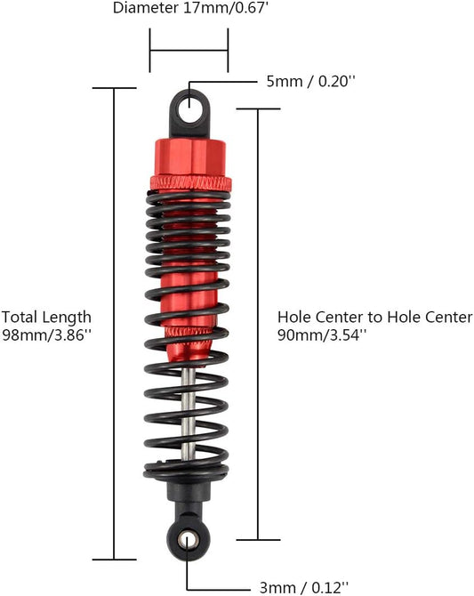 4PCS Front Rear Shock Absorber,98Mm Adjustable Assembled RC Damper Suspension Aluminum for RC Cars 1/10 HSP 94166 94106 94107 94155 94170 Buggy Truck Crawler Upgraded Hop-Up Parts(Red)