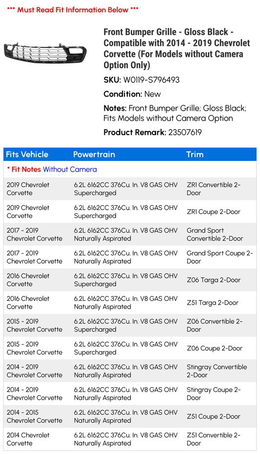 Front Bumper Grille - Gloss Black - Compatible with 2014 - 2019 Chevy Corvette (For Models without Camera Option Only) 2015 2016 2017 2018