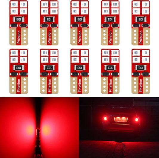 12V T10 168 194 Red LED Light Bulbs, Super Bright Miniature 8-SMD Wedge 3652 12256 12396 Replacement Bulb for Car Interior Dome Map Door Courtesy License Plate Lights, Pack of 10